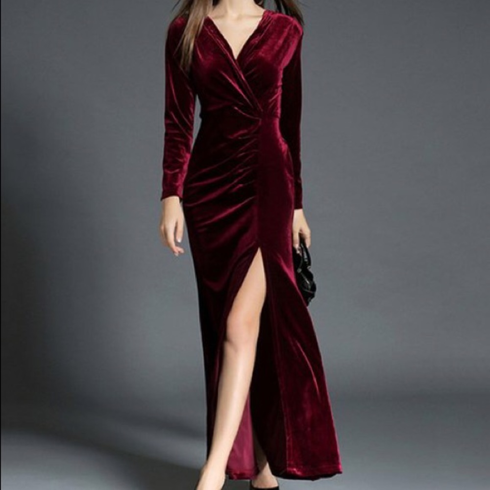 Long Velvet Red Wine Dress